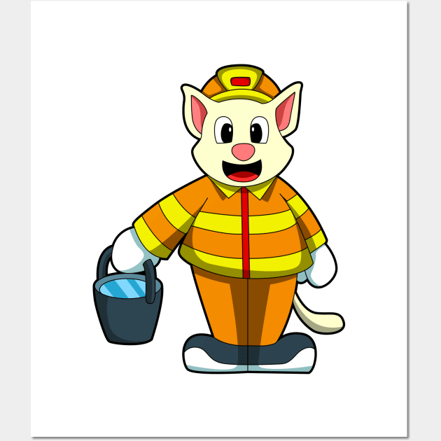 Cat as Firefighter with Bucket of Water Wall Art by Markus Schnabel